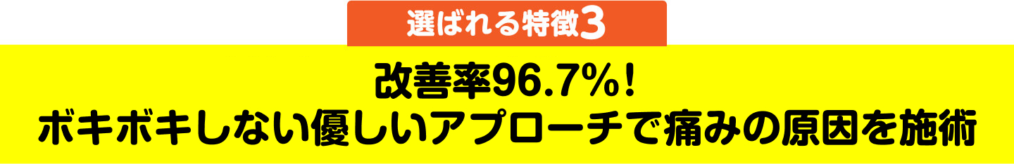 選ばれる特徴3 改善率96.7% ボキボキしない優しいアプローチで痛みの原因を施術